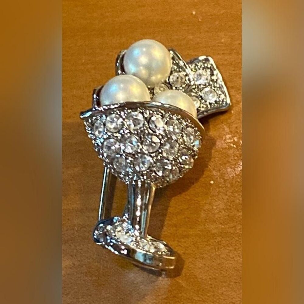 Silver Tone Rhinestone Faux Pearl Cocktail Glass Brooch Pin Jewelry Sparkle Vtg